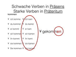Schwache Verben in Präsens
    Starke Verben in Präteritum
kommen

• ich komme • ich kam

• du kommst • du kamst

• er kommt    • er kam

• wir kommen • wir kamen
                           • gekommen
• ihr kommt   • ihr kamt

• sie kommen • sie kamen

• Sie kommen • Sie kamen
 