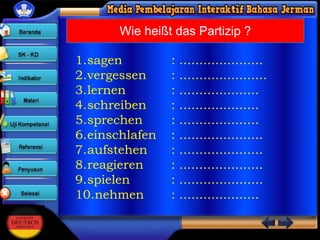 Wie heißt das Partizip ?
1.sagen
2.vergessen
3.lernen
4.schreiben
5.sprechen
6.einschlafen
7.aufstehen
8.reagieren
9.spielen
10.nehmen

:
:
:
:
:
:
:
:
:
:

.....................
......................
....................
....................
....................
.....................
.....................
.....................
.....................
....................

 