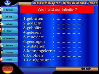 Wie heißt der Infinitiv ?
1.gebraten
: .....................
2.gedacht
: ......................
3.geholfen
: ....................
4.gelesen
: ....................
5.renoviert
: ....................
6.gesungen
: .....................
7.aufstehen
: .....................
8.kennengelernt: .....................
9.befohlen
: .....................
10.aufgeräumt : ....................

 