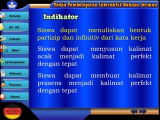 Siswa dapat
menuliskan bentuk
partizip dan infinitiv dari kata kerja
Siswa dapat
acak menjadi
dengan tepat

menyusun kalimat
kalimat
perfekt

Siswa dapat membuat kalimat
prasens menjadi kalimat perfekt
dengan tepat

 