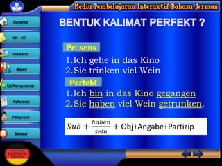 Prӓsens
1.Ich gehe in das Kino
2.Sie trinken viel Wein
Perfekt
1.Ich bin in das Kino gegangen
2.Sie haben viel Wein getrunken.

 