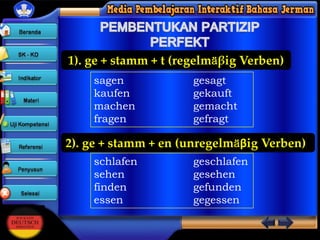 1). ge + stamm + t (regelmӓβig Verben)
sagen
kaufen
machen
fragen

gesagt
gekauft
gemacht
gefragt

2). ge + stamm + en (unregelmӓβig Verben)
schlafen
sehen
finden
essen

geschlafen
gesehen
gefunden
gegessen

 