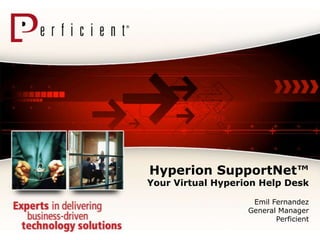 Hyperion SupportNet™
Your Virtual Hyperion Help Desk

                    Emil Fernandez
                   General Manager
                          Perficient
 