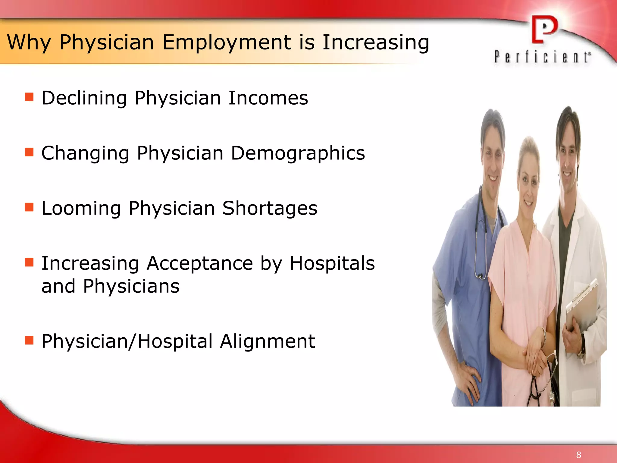Why Physician Employment is Increasing Declining Physician Incomes Changing Physician Demographics Looming Physician Shortages Increasing Acceptance by Hospitals and Physicians Physician/Hospital Alignment 