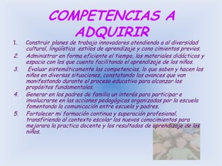 COMPETENCIAS A ADQUIRIRConstruir planes de trabajo innovadores atendiendo a al diversidad cultural, lingüística  estilos de aprendizaje y cono cimientos previos.Administrar en forma eficiente el tiempo, los materiales didácticos y espacio con los que cuenta facilitando el aprendizaje de los niños. Evaluar sistemáticamente las competencias, lo que saben y hacen los niños en diversas situaciones, constatando los avances que van manifestando durante el proceso educativo para alcanzar los propósitos fundamentales.Generar en los padres de familia un interés para participar e involucrarse en las acciones pedagógicas organizadas por la escuela fomentando la comunicación entre escuela y padres.Fortalecer mi formación continua y superación profesional, transfiriendo al contexto escolar los nuevos conocimientos para mejorara la practica docente y los resultados de aprendizaje de los niños.