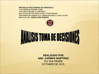 REPUBLICA BOLIVARIANA DE VENEZUELA
UNIVERSIDAD FERMÍN TORO
VICE-RECTORADO ACADÉMICO
DECANATO DE INVESTIGACIÓN Y POSTGRADO
MAESTRIA DE GERENCIA Y LIDERAZGO DE LA EDUCACION
DOCENTE: Dr. JESÚS LEÓN SUBERO
REALIZADO POR
ABG. CARMEN MARTINEZ
C.I: V-4.175.974
OCTUBRE DE 2015.
 