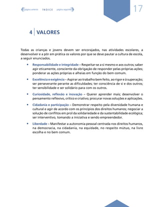 17
4 | VALORES
Todas as crianças e jovens devem ser encorajados, nas atividades escolares, a
desenvolver e a pôr em prática os valores por que se deve pautar a cultura de escola,
a seguir enunciados.
• Responsabilidade e integridade – Respeitar-se a si mesmo e aos outros; saber
agir eticamente, consciente da obrigação de responder pelas próprias ações;
ponderar as ações próprias e alheias em função do bem comum.
• Excelência e exigência – Aspirar ao trabalho bem feito, ao rigor e à superação;
ser perseverante perante as dificuldades; ter consciência de si e dos outros;
ter sensibilidade e ser solidário para com os outros.
• Curiosidade, reflexão e inovação – Querer aprender mais; desenvolver o
pensamento reflexivo, crítico e criativo; procurar novas soluções e aplicações.
• Cidadania e participação – Demonstrar respeito pela diversidade humana e
cultural e agir de acordo com os princípios dos direitos humanos; negociar a
solução de conflitos em prol da solidariedade e da sustentabilidade ecológica;
ser interventivo, tomando a iniciativa e sendo empreendedor.
• Liberdade – Manifestar a autonomia pessoal centrada nos direitos humanos,
na democracia, na cidadania, na equidade, no respeito mútuo, na livre
escolha e no bem comum.
Í N D I C E
página anterior página seguinte
 