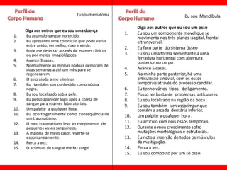 Eu sou Hematoma                                    Eu sou Mandíbula

                                                          Diga aos outros que eu sou um osso
      Diga aos outros que eu sou uma doença
                                                    1.    Eu sou um componente móvel que se
1.    Eu acumulo sangue no tecido.                        movimenta nos três planos :sagital, frontal
2.    Eu apresento uma coloração que pode variar          e transversal.
      entre preto, vermelho, roxo e verde.
                                                    2.    Eu faço parte do sistema ósseo
3.    Pode me detectar através de exames clínicos
      ou por meios imagiológicos.                   3.    Eu sou uma forma semelhante a uma
4.    Avance 3 casas.                                     ferradura horizontal com abertura
                                                          posterior no corpo .
5.    Normalmente as minhas nódoas demoram de
      duas semanas a até um mês para se             4.    Avance 5 casas.
      regenerarem.                                  5.    Na minha parte posterior, há uma
6.    O gelo ajuda a me eliminar.                         articulação sinovial, com os ossos
7.    Eu também sou conhecido como nódoa                  temporais através do processo candilar.
      negra.                                        6.    Eu tenho vários tipos de ligamento.
8.    Eu sou localizado sob a pele.                 7.    Posso ter bastante problemas articulares.
9.    Eu posso aparecer logo após a coleta de       8.    Eu sou localizado na região da boca .
      sangue para exames laboratoriais.             9.    Eu sou também um osso ímpar que
10.   Um palpite a qualquer hora.                         contém a arcada dentária inferior.
11.   Eu ocorro geralmente como consequência de     10.   Um palpite a qualquer hora .
      um traumatismo.
12.   O meu traumatismo leva ao rompimento de       11.   Eu articulo com dois ossos temporais.
      pequenos vasos sanguíneos.                    12.   Durante o meu crescimento sofro
13.   A maioria de meus casos reverte-se                  mutações morfológicas e estruturais.
      espontaneamente.                              13.   Eu noto a inserção de todos os músculos
14.   Perca a vez.                                        da mastigação.
15.   O acúmulo de sangue me faz surgir.            14.   Perca a vez.
                                                    15.   Eu sou composto por um só osso.
 