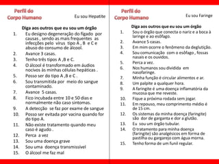 Eu sou Hepatite                                     Eu sou Faringe

      Diga aos outros que eu sou um órgão              Diga aos outros que eu sou um órgão
1.     Eu designo degeneração do fígado por      1.    Sou o órgão que conecta o nariz e a boca à
       causas , sendo as mais frequentes as            laringe e ao esôfago.
       infecções pelo vírus tipo A , B e C e     2.    Avance 5 casas.
       abuso do consumo de álcool.               3.    Em mim ocorre o fenômeno da deglutição.
2.     Avance 3 casas.                           4.    Sou comunicação com o esôfago , fossas
                                                       nasais e os ouvidos.
3.     Tenho três tipos A ,B e C.
                                                 5.    Perca a vez.
4.     O álcool é transformado em áudios
       nocivos às minhas células hepáticas .     6.    Nos humanos sou dividida em
                                                       nasofaringe.
5.     Posso ser do tipo A ,B e C .              7.    Minha função é circular alimentos e ar.
6.     Sou transmitida por meio do sangue        8.    Um palpite a qualquer hora.
       contaminado.                              9.    A faringite é uma doença inflamatória da
7.     Avance 5 casas.                                 mucosa que me reveste.
8.     Fico incubada entre 10 e 50 dias e        10.   Fique a próxima rodada sem jogar.
       normalmente não caso sintomas.            11.   Em repouso, meu comprimento médio é
9.     A detecção se faz por exame de sangue           de 15 cm.
10.    Posso ser evitada por vacina quando for   12.   Os sistemas da minha doença (faringite)
       do tipo A.                                      são dor de garganta e dor a glutão.
11.    Não existe tratamento quando meu          13.   Eu sou um órgão tubular.
       caso é agudo .                            14.   O tratamento para minha doença
12.    Perca a vez                                     (faringite) são analgésicos em forma de
                                                       pastilha ou gargarejo com água morna.
13.    Sou uma doença grave                      15.   Tenho forma de um funil regular.
14.    Sou uma doença transmissível
15.    O álcool me faz mal
 