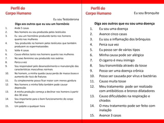 Eu sou Bronquite
                                  Eu sou Testosterona
      Diga aos outros que eu sou um hormônio                      Diga aos outros que eu sou uma doença
1.    Ande 5 casas                                             1.    Eu sou uma doença
2.    Nos homens eu sou produzida pelos testículos
3.    Eu sou um hormônio produzido tanto nos homens
                                                               2.    Avance cinco casas
      quanto nas mulheres                                      3.    Eu sou a inflamação dos brônquios
4.    Sou produzido no homem pelos testículos que também
      produzem os espermatozoides
                                                               4.    Perca sua vez
5.    Volte 4 casas                                            5.    Eu posso ser de vários tipos
6.    Causo efeitos tanto nos homens quanto nas mulheres       6.    Minha causa pode ser alérgica
7.    No sexo feminino sou produzido nos ovários
8.    Perca a vez
                                                               7.    O cigarro é meu inimigo
9.    Sou responsável pelo desenvolvimento e manutenção das    8.    Sou transmitida através da tosse
      características masculinas normais
                                                               9.    Posso ser uma doença crônica
10.   No homem, a minha queda causa perda de massa óssea e
      aumento de risco de fraturas                             10. Posso ser causada por vírus e bactérias
11.   Eu simplesmente posso ficar maior com menos gordura      11. Causo muita tosse
12.   Nos homens a minha falta também pode causar
      depressão                                                12. Meu tratamento pode ser realizado
13.   A minha produção começa a declinar nos homens à partir         com antibióticos e bronco dilatadores
      dos 30 anos
                                                               13. Causo dificuldades na respiração e
14.   Sou importante para o bom funcionamento do corpo
      humano
                                                                     chiados
15.   Um palpite a qualquer hora                               14. O meu tratamento pode ser feito com
                                                                     inalação
                                                               15. Avance 3 casas
 