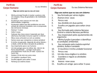Eu sou Vértebra                          Eu sou Sistema Nervoso
        Diga aos outros que eu sou um osso
                                                             Diga aos outros que eu sou um sistema
1.    Minha principal função é manter a postura reta     1.      Sou formado por vários órgãos
      em relação a força da gravidade e da mobilidade
      ao corpo                                           2.      Avance cinco casas
2.    As doenças mais comuns em mim são                  3.      Perca a vez
      deformidades congênitas                            4.      Sou dividido em duas partes
3.    As pessoas sabem que têm problemas em mim
      através de sintomas imediatos com a compressão     5.      Escolha um jogador para voltar cinco
      das estruturas nervosas                                   casas
4.    Avançar 5 casas                                    6.      Sou formado pelo sistema Nervoso
5.    Volte 3 casas                                             Central e sistema Nervoso periférico
6.    Cada par dos meus ossos é separado por duas        7.      Sou responsável pelos ajustamentos do
      aberturas chamadas incisuras superior e inferior
7.    Meus ossos articulam-se com as costelas                   organismo
8.    Somos ossos que compomos a coluna vertebral        8.      Minha função é perceber e identificar
9.    A minha recuperação depende de vários fatores :           as condições ambientais
      a idade, estilo de vida e duração do problema      9.      Sou composto pela medula espinhal
10.   Sou importante para o ser humano                          cérebro, bulbo e cerebelo
11.   Um dos perigos para me afetar são : dormir de
      forma desalinhada , carregar muito peso ,          10.     O neurônio é minha unidade funcional
      principalmente muito de um lado e pouco do         11.     Perca a vez
      outro não
12.   Existem 33 de mim nos seres vivos
                                                         12. Um dos meus órgãos é o cérebro
13.   Um palpite a qualquer hora                         13.     Coordeno e regulo as atividades
14.   Escolha alguém para voltar 2 casas                        corporais
15.   Pertenço ao sistema ósseo                          14.     Avance nove casas
                                                         15. Escolha um amigo para voltar 3 casas
 