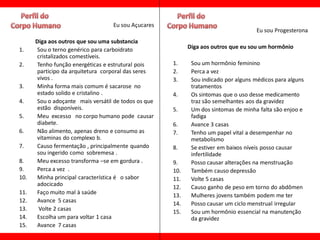Eu sou Açucares
                                                                                    Eu sou Progesterona
      Diga aos outros que sou uma substancia
1.    Sou o terno genérico para carboidrato                Diga aos outros que eu sou um hormônio
      cristalizados comestíveis.
2.    Tenho função energéticas e estrutural pois     1.     Sou um hormônio feminino
      participo da arquitetura corporal das seres    2.     Perca a vez
      vivos .                                        3.     Sou indicado por alguns médicos para alguns
3.    Minha forma mais comum é sacarose no                  tratamentos
      estado solido e cristalino .                   4.     Os sintomas que o uso desse medicamento
4.    Sou o adoçante mais versátil de todos os que          traz são semelhantes aos da gravidez
      estão disponíveis.                             5.     Um dos sintomas de minha falta são enjoo e
5.    Meu excesso no corpo humano pode causar               fadiga
      diabete.                                       6.     Avance 3 casas
6.    Não alimento, apenas dreno e consumo as        7.     Tenho um papel vital a desempenhar no
      vitaminas do complexo b.                              metabolismo
7.    Causo fermentação , principalmente quando      8.     Se estiver em baixos níveis posso causar
      sou ingerido como sobremesa .                         infertilidade
8.    Meu excesso transforma –se em gordura .        9.     Posso causar alterações na menstruação
9.    Perca a vez .                                  10.    Também causo depressão
10.   Minha principal característica é o sabor       11.    Volte 5 casas
      adocicado
                                                     12.    Causo ganho de peso em torno do abdômen
11.   Faço muito mal à saúde
                                                     13.    Mulheres jovens também podem me ter
12.   Avance 5 casas
                                                     14.    Posso causar um ciclo menstrual irregular
13.    Volte 2 casas
                                                     15.    Sou um hormônio essencial na manutenção
14.   Escolha um para voltar 1 casa                         da gravidez
15.   Avance 7 casas
 