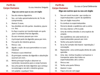 Eu sou Intestino Delgado                           Eu sou o Canal Deferente

      Diga aos outros que eu sou um órgão                    Diga aos outros que eu sou um órgão
1.    Sou do sistema digestório.                       1.     Sou um canal muscular que conduz os
2.    Sou um tubo aproximadamente de 7m de                    espermatozoides a partir do epidídimo
      comprimento.                                     2.     Sou um órgão masculino
3.    Avance 3 casas.                                  3.     Eu conduzo os espermatozoides
4.    Sou dividido em três partes :duodeno, jejuno     4.     Percorro desde o epidêmico até a uretra
      e o íleo.                                        5.     Em meu interior o PH é acido
5.    Eu faço o quimo ser transformado em quilo        6.     Uma de minhas divisões é uma espécie de
      ,que e o produto final da digestão.                     ampola
6.    Os sais minerais passam por mim                  7.     Dos epidídimos de cada testículo os
7.    A principal parte da digestão passa por mim.            espermatozoides passam por mim
8.    Fico perto do intestino grosso.                  8.     Tenho uma parte testicular
9.    Perca a vez.                                     9.     Se eu for cortado não haverá reprodução /
10.   Agudo a ação do suco pancreático e o suco               concepção
      intestinal                                       10.    Represento uma continuação direta de cada
11.   Produzo o suco intestinal .                             epimídia
12.   Os principais eventos da digestão e absolvição   11.    Uma das minhas funções é armazenar e
      ocorrem em mim .                                        transportar pelos dois tubos os
                                                              espermatozoides até a uretra
13.   Minha principal função e absorver os
      nutrientes necessários para o corpo humano       12.    Perca a vez
14.   Sou uma parte do tubo digestivo que começa       13.    Tenho uma parte Pélvica
      no estomago e vai até o intestino grosso         14.    Avance 1 casa
15.   Um palpite a qualquer hora                       15.    Fique uma vez sem jogar
 