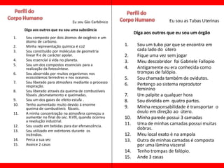Eu sou Gás Carbônico                          Eu sou as Tubas Uterinas
      Diga aos outros que eu sou uma substância
                                                               Diga aos outros que eu sou um órgão
1.    Sou composto por dois átomos de oxigênio e um
      átomo de carbono.
2.    Minha representação química é co2                  1.     Sou um tubo par que se encontra em
3.    Sou constituído por moléculas de geometria                cada lado do útero
      linear R e de carácter apolar.                     2.     Fique uma vez sem jogar
4.    Sou essencial á vida no planeta.                   3.     Meu descobridor foi Gabriele Fallopio
5.    Sou um dos compostos essenciais para a
      realização da fotossíntese.                        4.     Antigamente eu era conhecida como
6.    Sou absorvido por muitos organismos nos                   trompas de falópio.
      ecossistemas terrestres e nos oceanos.             5.     Sou chamada também de ovidutos.
7.    Sou liberado para atmosfera mediante o processo
      respiração.                                        6.     Pertenço ao sistema reprodutor
8.    Sou liberado através da queima de combustíveis            feminino
      fósseis ,desmatamento e queimadas.                 7.     Um palpite a qualquer hora
9.    Sou um dos gases do efeito estufa .                8.     Sou dividida em quatro partes.
10.   Tenho aumentado muito devido á enorme
      queima de combustíveis fósseis.                    9.     Minha responsabilidade é transportar o
11.   A minha concentração na atmosfera começou a               óvulo em direção ao útero.
      aumentar no final do séc. X.Vlll, quando ocorreu   10.    Minha parede possui 3 camadas
      a revolução industrial.
12.   Sou usado em bebidas para dar efervescência.
                                                         11.    Uma de minhas camadas possui muitas
13.   Sou utilizado em extintores durante os
                                                                dobras.
      incêndios.                                         12.    Meu local exato é na ampola
14.   Perca a sua vez                                    13.    Outra de minhas camadas é composta
15.   Avance 2 casas                                            por uma lâmina visceral
                                                         14.    Tenho trompas de falópio.
                                                         15.    Ande 3 casas
 