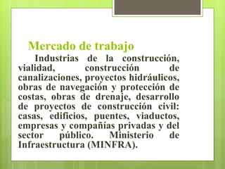 Mercado de trabajo
    Industrias de la construcción,
vialidad,       construcción       de
canalizaciones, proyectos hidr...
