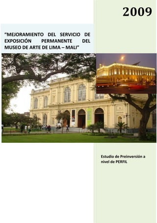 2009
“MEJORAMIENTO DEL SERVICIO DE
EXPOSICIÓN   PERMANENTE       DEL
MUSEO DE ARTE DE LIMA – MALI”




                                    Estudio de Preinversión a
                                    nivel de PERFIL




                                                          1
 