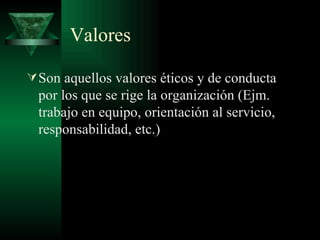 Valores Son aquellos valores éticos y de conducta por los que se rige la organización (Ejm. trabajo en equipo, orientación al servicio, responsabilidad, etc.) 