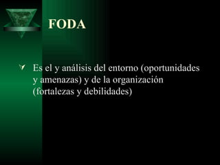 FODA Es el y análisis del entorno (oportunidades y amenazas) y de la organización (fortalezas y debilidades) 
