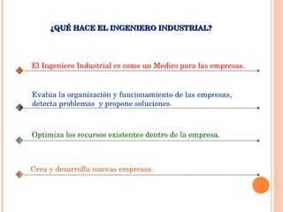 ¿QUÉ HACE EL INGENIERO INDUSTRIAL? El Ingeniero Industrial es como un Medico para las empresas. Evalúa la organización y funcionamiento de las empresas, detecta problemas  y propone soluciones. Optimiza los recursos existentes dentro de la empresa. Crea y desarrolla nuevas empresas. 