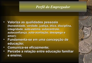 Perfil do Empregador Valoriza as qualidades pessoais  (honestidade, verdade, justiça, ética, disciplina, integridade, auto-estima, autocontrole, autoconfiança, auto-aceitação, desapego e amor); Fundamenta-se em uma concepção de educação; Comunica-se eficazmente; Percebe a relação entre educação familiar e ensino; 
