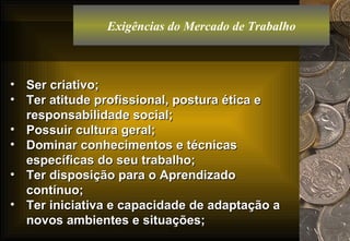 Exigências do Mercado de Trabalho Ser criativo; Ter atitude profissional, postura ética e responsabilidade social; Possuir cultura geral; Dominar conhecimentos e técnicas específicas do seu trabalho; Ter disposição para o Aprendizado contínuo; Ter iniciativa e capacidade de adaptação a novos ambientes e situações; 