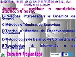 Acolher e motivar o candidato adulto:  99 horas Relações Interpessoais e Dinâmica de Grupos Métodos e Técnicas de Entrevista  Teorias e Modelos de Desenvolvimento Vocacional  D.Metodologias de Balanço de Competências E.Tecnologias da Informação e da Comunicação ÁREA DE COMPETÊNCIA 3: MÓDULOS Esrtrutura Programática 