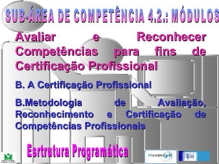 SUB-ÁREA DE COMPETÊNCIA 4.2.: MÓDULOS Avaliar e Reconhecer Competências para fins de Certificação Profissional A Certificação Profissional B.Metodologia de Avaliação, Reconhecimento e Certificação de Competências Profissionais Esrtrutura Programática 