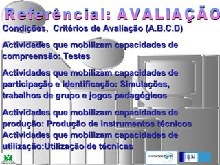 Referêncial: AVALIAÇÃO Condições,  Critérios de Avaliação (A.B.C.D) Actividades que mobilizam capacidades de compreensão: Testes  Actividades que mobilizam capacidades de participação e identificação: Simulações, trabalhos de grupo e jogos pedagógicos Actividades que mobilizam capacidades de produção: Produção de instrumentos técnicos Actividades que mobilizam capacidades de utilização:Utilização de técnicas  