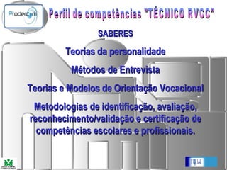 Perfil de competências "TÉCNICO RVCC"   SABERES Teorias da personalidade Métodos de Entrevista Teorias e Modelos de Orientação Vocacional Metodologias de identificação, avaliação, reconhecimento/validação e certificação de competências escolares e profissionais. 