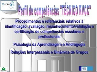 Perfil de competências "TÉCNICO RVCC"   Procedimentos e referenciais relativos à identificação, avaliação, reconhecimento/validação e certificação de competências escolares e profissionais Psicologia da Aprendizagem e Andragogia Relações Interpessoais e Dinâmica de Grupos 