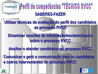 Perfil de competências "TÉCNICO RVCC"   SABERES-FAZER Utilizar técnicas de avaliação do perfil dos candidatos ao processo RVCC Dinamizar sessões de informação/esclarecimento sobre o processo RVCC Acolher e atender candidatos ao processo RVCC Comunicar e gerir a comunicação com os candidatos e outros intervenientes do processo RVCC 