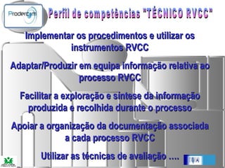 Perfil de competências "TÉCNICO RVCC"   Implementar os procedimentos e utilizar os instrumentos RVCC Adaptar/Produzir em equipa informação relativa ao processo RVCC Facilitar a exploração e síntese da informação produzida e recolhida durante o processo Apoiar a organização da documentação associada a cada processo RVCC Utilizar as técnicas de avaliação …. 