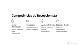 Competências do Recepcionista
Apoiar
Organizador
Preparar ambiente e
checar
equipamentos.
Recepcionar
Realizar inscrições e
distribuir credenciais.
Apoiar Palestrante
Conduzir questões e
viabilizar
equipamentos.
Satisfazer Cliente
Antecipar
necessidades e
resolver imprevistos.
 