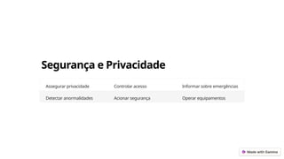 Segurança e Privacidade
Assegurar privacidade Controlar acesso Informar sobre emergências
Detectar anormalidades Acionar segurança Operar equipamentos
 
