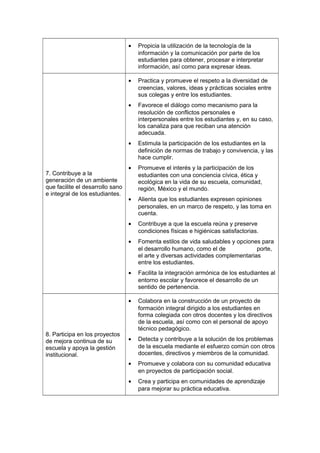 • Propicia la utilización de la tecnología de la
información y la comunicación por parte de los
estudiantes para obtener, procesar e interpretar
información, así como para expresar ideas.
7. Contribuye a la
generación de un ambiente
que facilite el desarrollo sano
e integral de los estudiantes.
• Practica y promueve el respeto a la diversidad de
creencias, valores, ideas y prácticas sociales entre
sus colegas y entre los estudiantes.
• Favorece el diálogo como mecanismo para la
resolución de conflictos personales e
interpersonales entre los estudiantes y, en su caso,
los canaliza para que reciban una atención
adecuada.
• Estimula la participación de los estudiantes en la
definición de normas de trabajo y convivencia, y las
hace cumplir.
• Promueve el interés y la participación de los
estudiantes con una conciencia cívica, ética y
ecológica en la vida de su escuela, comunidad,
región, México y el mundo.
• Alienta que los estudiantes expresen opiniones
personales, en un marco de respeto, y las toma en
cuenta.
• Contribuye a que la escuela reúna y preserve
condiciones físicas e higiénicas satisfactorias.
• Fomenta estilos de vida saludables y opciones para
el desarrollo humano, como el de porte,
el arte y diversas actividades complementarias
entre los estudiantes.
• Facilita la integración armónica de los estudiantes al
entorno escolar y favorece el desarrollo de un
sentido de pertenencia.
8. Participa en los proyectos
de mejora continua de su
escuela y apoya la gestión
institucional.
• Colabora en la construcción de un proyecto de
formación integral dirigido a los estudiantes en
forma colegiada con otros docentes y los directivos
de la escuela, así como con el personal de apoyo
técnico pedagógico.
• Detecta y contribuye a la solución de los problemas
de la escuela mediante el esfuerzo común con otros
docentes, directivos y miembros de la comunidad.
• Promueve y colabora con su comunidad educativa
en proyectos de participación social.
• Crea y participa en comunidades de aprendizaje
para mejorar su práctica educativa.
 