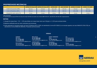 1) Variação da massa linear: + 3% ~ - 2,5% para bitolas com massa linear menor que 148 kg/m e +/- 2,5% para as demais bitolas.
2) Materiais certificados para uso naval, produzidos sob encomenda.
3) Perfis destinados ao mercado europeu com selo CE Marking (S275 e S355, em atendimento à norma EN 10025-2) e ao mercado argentino com selo IRAM INTI (F36 e F26, em
atendimento à norma IRAM IAS U500-503). Produzidos sob encomenda.
ASTM A 572 Grau 50 ASTM A 572 Grau 60* ASTM A 131 AH32* ASTM A 131 AH36*AÇO COR 500*ASTM A 992*
Limite de Escoamento (MPa)
Limite de Resistência (MPa)
Alongamento após ruptura (%)
345 mín.
450 mín.
18 mín.
415 mín.
520 mín.
16 mín.
315 mín.
440 a 590
19 mín.
355 mín.
490 a 620
19 mín.
370 mín.
500 mín.
18 mín.
345 a 450
450 mín.
18 mín.
www.gerdau.com/br
PROPRIEDADES MECÂNICAS
*Sob encomenda.
As especificações dos aços ASTM A 572 Grau 50 e AÇO COR 500, de acordo com a Norma NBR 7007:2011, são AR 350 e AR 350 COR, respectivamente.
09/17
NOTAS
VENDAS
Minas Gerais
Tel. (31) 3369-4600
Fax (31) 3369-4647
e-mail: atendimentogerdau.mg@gerdau.com.br
CENTRO-OESTE
Tel. (62) 4005-6000
Fax (62) 4005-6002
e-mail: gerdaudistribuicao.co@gerdau.com.br
NORTE / NORDESTE
Ceará
Tel. (85) 3499-7255
e-mail: vendas.regional@gerdau.com.br
Pernambuco
Tel. (81) 3452-7621
Fax (81) 3301-7635
e-mail: gerdauvendasnordeste@gerdau.com.br
SUL
Rio Grande do Sul
Tel. (51) 3450-7855
Fax (51) 3323-2800
e-mail: atendimentogerdau.sul@gerdau.com.br
Paraná
Tel. (41) 3239-6004
e-mail: atendimentogerdau.sul@gerdau.com.br
SUDESTE
São Paulo
Tel. (11) 3094-6600
Fax (11) 3094-6303
e-mail: gerdaudistribuicao.sp@gerdau.com.br
Rio de Janeiro
Tel. (21) 2414-6767
e-mail: atendimentogerdau.rj@gerdau.com.br
 