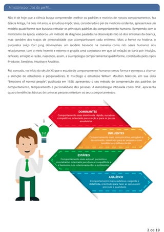 A história por trás do perfil...
Não é de hoje que a ciência busca compreender melhor os padrões e motivos de nossos comportamentos. Na
Grécia Antiga, há dois mil anos, o estudioso Hipócrates, considerado o pai da medicina ocidental, apresentava um
modelo quadriforme que buscava retratar os principais padrões do comportamento humano. Rompendo com o
misticismo da época, elaborou um método de diagnose pautado na observação não só dos sintomas da doença,
mas também dos traços de personalidade que acompanhavam cada enfermo. Mais a frente na história, o
psiquiatra suíço Carl Jung desenvolveu um modelo baseado na maneira como nós seres humanos nos
relacionamos com o meio interno e externo e propôs uma conjectura em que tal relação se daria por intuição,
re exão, emoção e razão, nascendo, assim, a sua tipologia comportamental quadriforme, constituída pelos tipos
Produtor, Sensitivo, Intuitivo e Analítico.
Foi, contudo, no início do século XX que o estudo do comportamento humano tomou forma e começou a chamar
a atenção de estudiosos e pesquisadores. O Psicólogo e estudioso William Moulton Marston, em sua obra
“Emotions of normal people”, publicada em 1928, apresentou o seu método de compreensão dos padrões de
comportamento, temperamento e personalidade das pessoas. A metodologia intitulada como DISC, apresenta
quatro tendências básicas de como as pessoas orientam os seus comportamentos:
2 de 19
 