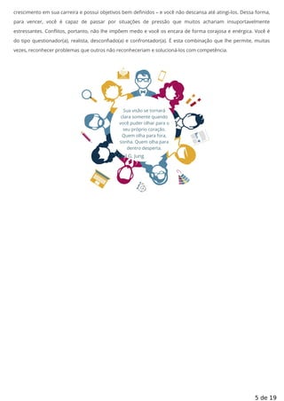 crescimento em sua carreira e possui objetivos bem de nidos – e você não descansa até atingi-los. Dessa forma,
para vencer, você é capaz de passar por situações de pressão que muitos achariam insuportavelmente
estressantes. Con itos, portanto, não lhe impõem medo e você os encara de forma corajosa e enérgica. Você é
do tipo questionador(a), realista, descon ado(a) e confrontador(a). É esta combinação que lhe permite, muitas
vezes, reconhecer problemas que outros não reconheceriam e solucioná-los com competência.
Sua visão se tornará
clara somente quando
você puder olhar para o
seu próprio coração.
Quem olha para fora,
sonha. Quem olha para
dentro desperta.
Carl G. Jung
5 de 19
 