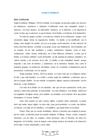 6
MARCO TEÓRICO
ROL FAMILIAR
Según la definista (Religion, 2014) La familia es el conjunto de personas unidas por vínculos
de matrimonio, parentesco o adopción. Considerada como una comunidad natural y
universal, con base afectiva, de indiscutible formativa en el individuo y de importancia
social. Se dice que es universal ya que la historia de la familia es la historia de la humanidad.
En todos los grupos sociales y en todos los estadios de su civilización, siempre se ha
encontrado alguna forma de organización familiar. La familia se ha modificado con el
tiempo, pero siempre ha existido, por eso es un grupo social universal, el más universal de
todos como base afectiva, la familia es un grupo social cuyo fundamento está constituido por
un conjunto de los más profundos y ocultos sentimientos humanos como el amor,
comprensión, cariño, ternura, dedicación, etc. Como influencia formativa, se tiene que la
familia es el primer ambiente social del hombre, en ella aprende los primeros principios, los
valores morales y las nociones de la vida. La familia es una comunidad natural, porque
responde a una serie de instintos y sentimientos de la naturaleza humana tales como la
tendencia gregaria, la satisfacción del instinto sexual, etc. La familia es fundamental para la
procreación, conservando así a la especie.
Según psicólogo (Errico, 2014) La familia va a tener roles que se configuran dentro
de ella y que cada miembro va a recibir y asumir según las cualidades y relaciones que se
dan en el grupo familiar. En este artículo se enumeran algunos aspectos relacionados con las
funciones o roles familiares.
Los roles de la familia no son naturales, sino que son una construcción social, pero
además y sobre todo, particular de cada familia. Los roles familiares en la familia tradicional
son asignados de alguna forma, pero también son asumidos en el contexto de lo que podría
denominarse la "escena familiar".
Estos roles pueden ser más o menos rígidos o pueden variar; justamente se puede
decir que cuanto mayor rigidez en estos roles, pues peor pronóstico va a tener una familia,
en relación a la salud de sus miembros o al equilibrio que puede haber en la misma.
Pareja: Tiene que ver con las actividades, deberes y derechos que comparte la pareja,
por los cuales se deberían poner de acuerdo mediante el diálogo. Temas a tratar: compartir
momentos con los hijos en conjunto, tomar decisiones para el bienestar de todos los
integrantes de la familia, crear un espacio como pareja, ponerse de acuerdo en la educación
de los hijos o temas relacionados con la salud.
 