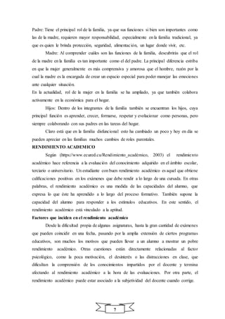 7
Padre: Tiene el principal rol de la familia, ya que sus funciones si bien son importantes como
las de la madre, requieren mayor responsabilidad, especialmente en la familia tradicional, ya
que es quien le brinda protección, seguridad, alimentación, un lugar donde vivir, etc.
Madre: Al comprender cuáles son las funciones de la familia, descubrirás que el rol
de la madre en la familia es tan importante como el del padre. La principal diferencia estriba
en que la mujer generalmente es más comprensiva y amorosa que el hombre, razón por la
cual la madre es la encargada de crear un espacio especial para poder manejar las emociones
ante cualquier situación.
En la actualidad, rol de la mujer en la familia se ha ampliado, ya que también colabora
activamente en la económica para el hogar.
Hijos: Dentro de los integrantes de la familia también se encuentran los hijos, cuya
principal función es aprender, crecer, formarse, respetar y evolucionar como personas, pero
siempre colaborando con sus padres en las tareas del hogar.
Claro está que en la familia disfuncional esto ha cambiado un poco y hoy en día se
pueden apreciar en las familias muchos cambios de roles parentales.
RENDIMIENTO ACADEMICO
Según (https://www.ecured.cu/Rendimiento_académico, 2003) el rendimiento
académico hace referencia a la evaluación del conocimiento adquirido en el ámbito escolar,
terciario o universitario. Un estudiante con buen rendimiento académico es aquel que obtiene
calificaciones positivas en los exámenes que debe rendir a lo largo de una cursada. En otras
palabras, el rendimiento académico es una medida de las capacidades del alumno, que
expresa lo que éste ha aprendido a lo largo del proceso formativo. También supone la
capacidad del alumno para responder a los estímulos educativos. En este sentido, el
rendimiento académico está vinculado a la aptitud.
Factores que inciden en el rendimiento académico
Desde la dificultad propia de algunas asignaturas, hasta la gran cantidad de exámenes
que pueden coincidir en una fecha, pasando por la amplia extensión de ciertos programas
educativos, son muchos los motivos que pueden llevar a un alumno a mostrar un pobre
rendimiento académico. Otras cuestiones están directamente relacionadas al factor
psicológico, como la poca motivación, el desinterés o las distracciones en clase, que
dificultan la comprensión de los conocimientos impartidos por el docente y termina
afectando al rendimiento académico a la hora de las evaluaciones. Por otra parte, el
rendimiento académico puede estar asociado a la subjetividad del docente cuando corrige.
 