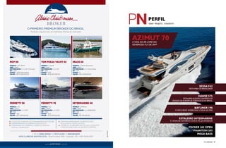 Sessa F42 
Feita para os brasileiros 
Hanse 575 
Estaleiro alemão campeão de 
IDEIA . PROJETO . CONCEITO 
vendas na Europa se fortalece no Brasil 
Bayliner 190 
O deck boat americano chega ao país 
Estaleiro Intermarine 
41 anos de história e cinco mil já vendidos 
Azimut 70 
A vida ao ar livre no 
generoso fly de 30m² 
FOCKER 265 open 
PHANTOM 303 
mega BASS 
O PRIMEIRO PREMIUM BROKER DO BRASIL 
TOM FEXAS YACHT 92 
MODELO – Trawler 
ANO – 2010 
MOTORIZAÇÃO – 2 x CAT 
HP – 480 
HORAS – 500 
VALOR – R$ 8.000.000,00 
INACE 68 
MODELO – Trawler Bucaneiro 
ANO – 2005 
MOTORIZAÇÃO – 2 x Volvo Penta 
HP – 370 
HORAS – 0 
VALOR – R$ 4.400.000,00 
MCP 98 
MODELO – GFT 98 HT 
ANO – 2005 
MOTORIZAÇÃO – 2 x CAT C32 Acert 
HP – 1725 
HORAS – 3000 (Revisados) 
VALOR – R$ 12.000.000,00 
FERRETTI 58 
MODELO – Fly 
ANO – 2004 
MOTORIZAÇÃO – 2 x MTU 
HP – 914 
HORAS – 550 
VALOR – R$ 2.200.000,00 
FERRETTI 76 
MODELO – Fly 
ANO – 2008 
MOTORIZAÇÃO – 2 x MTU 
HP – 1520 
HORAS – 250 
VALOR – R$ 6.500.000,00 
INTERMARINE 46 
MODELO – Offshore 
ANO – 1999 
MOTORIZAÇÃO – 2 x MERCEDES 
HP – 720 
HORAS – 0 
VALOR – R$ 700.000,00 
38 PERFILNÁUTICO PERFILNÁUTICO 39 
www.acbroker.com.br 
m.blasquez 
Tradição, segurança e as melhores ofertas do mercado. 
CONDIÇÕES ESPECIAIS DE FINANCIAMENTO EM ATÉ 48X 
ADMINISTRAÇÃO DE EMBARCAÇÕES NO ICS 
ASSESSORIA NA COMPRA E VENDA DE BARCOS 
NOVOS E SEMINOVOS 
SITE MAIS ACESSADO E OS BARCOS MAIS 
EXCLUSIVOS, CONSULTE-NOS! 
EM BREVE, AC BROKER NO ICS, MAIS CONFORTO 
E PRATICIDADE PARA OS NOSSOS CLIENTES. 
+ 55 13 3382-6500 | 11 3071.1445 | 11 99449.8551 
IATE CLUBE DE SANTOS (ICS) – Rua Funchal, 1140 - Guarujá - SP – CEP 11432-000 
 