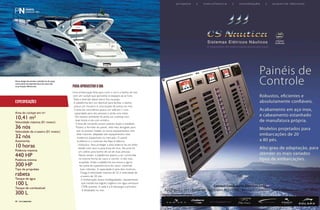 PARA APROVEITAR O DIA 
Uma embarcação feita para curtir o sol e o banho de mar 
com um cockpit que aproveita os espaços ao ar livre. 
Toda a diversão desse barco fica na popa. 
A plataforma tem um desnível para facilitar o banho, 
possui um chuveiro e uma escada de acesso ao mar. 
A área de convivência possui um sofá em L com 
capacidade para seis pessoas e ainda uma mesa. 
No mesmo ambiente há ainda um cooktop com 
duas bocas e pia com armário. 
A área de comando possui assento duplo e estofado. 
Mudou o formato do painel, está mais alongado para 
que se possam instalar os novos equipamentos com 
telas maiores, adaptado aos equipamentos mais 
modernos disponíveis no mercado. O painel 
é elétrico e o controle dos flaps é elétrico- 
-hidráulico. Para proteger a área externa há um toldo 
retrátil com visor e para-brisa de inox. Na proa há 
um solário para banho de sol de duas pessoas. 
Nessa versão, a plataforma passou a ser construída 
na mesma forma do casco e convés, e não mais 
acoplada. Antes a plataforma era anexa e agora 
faz parte da superestrutura do casco, trazendo 
mais robustez. A capacidade é para dois motores. 
Chega à velocidade máxima de 32 e velocidade de 
cruzeiro de 28 nós. 
A embarcação possui biodegradador, equipamento 
que transforma esgoto orgânico em água semipura 
(70% pureza). A cada 6 a 8 descargas a primeira 
é despejada no mar. 
Novo design das janelas e plataforma de popa 
como parte da superestrutura do casco são 
os principais diferenciais. 
Especificações 
Área do cockpit em m² 
10,41 m² 
36 nós 
32 nós 
10 horas 
440 HP 
300 HP 
rabeta 
100 L 
300 L 
Velocidade máxima (01 motor) 
Velocidade de cruzeiro (01 motor) 
Autonomia 
Potência máxima 
Potência mínima 
Tipo de propulsão 
Tanque de água 
Tanque de combustível 
60 perFilnáutiCo 
PERFILNÁUTICO PERFILNÁUTICO 61 
 