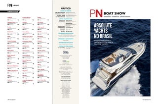 NOVIDADE . TENDÊNCIA . OPORTUNIDADE 
Absolute 
Yachts 
no Brasil 
As Marcas Desta Edição 
91ROCK 
www.91rock.com.br 
PN A Bordo 10 
Empório Armani 
www.armani.com 
PN Estilo 128 
Fibrafort 
www.fibrafort.com.br 
PN Perfil 62 
Fossil 
www.fossil.com 
PN Estilo 131 
Absolute Yachts www. 
absoluteyachts.com 
PN Boatshow 140 
Acobar 
www.acobar.com.br 
PN Prime 30 
Hanse Yachts 
www.hanseyachts.com 
PN Perfil 68 
Acquanauta 
www.acquanauta.com.br 
PN Esporte 125 
Ilhabela Sailing Week 
www.ilhabelasw.com.br 
PN Esporte 116 
Intermarine Yachts 
www.intermarine.com.br 
PN Perfil 76 
Apple 
www.apple.com/br 
PN Estilo 132 
Armani Exchange 
www.armaniexchange.com 
PN Estilo 131 
LG Eletronics 
www.lge.com.br 
PN Estilo 132 
Marine Center 
www.marinecenter.com.br 
PN Prime 27 
Marine Express 
www.marineexpress.com.br 
PN Prime Inovação 27 
Azimut Yachts 
www.azimutyachts.com.br 
PN Perfil 40 
Bahia Marina 
www.bahiamarina.com.br 
PN Nau 18 
Marvin Capotaria 
Náutica 
www.marvinecia.com.br 
PN Prime 28 
Bailly Capotaria 
Náutica 
www.bailly.com.br 
PN Prime 28 
MaxMara 
www.world.maxmara.com 
PN Estilo 129 
BMW 
www.bmw.com.br 
PN Estilo 134 
Mega Bass 
www.barcosmegabass.com.br 
PN Perfil 66 
Brunswick Boat Group 
www.bayliner.com.br 
PN Perfil 64 
Mistralis 
www.mistralis.com 
PN Living 100 
DEBasto Design & Co 
www.luizdebasto.com 
PN Prime 32 
Museu Oceanográfico 
Univali 
www.univali.br 
PN Nau 15 
Diesel 
www.diesel.com 
PN Estilo 131 
EasyPath 
www.easypath.com.br 
PN Prime 27 
Oakley 
www.oakley.com.br 
PN Estilo 130 
One Yachts 
www.1yachts.com.br 
PN Boatshow 140 
Ralph Lauren 
www.ralphlauren.com 
PN Estilo 130 
Ray-Ban 
www.ray-ban.com/brasil 
PN Estilo 130 
Raymarine 
www.raymarine.com 
PN Prime 27 
Richard’s 
www.richards.com.br 
PN Estilo 128 
Samsung 
www.samsung.com.br 
PN Estilo 133 
Schaefer Yachts 
www.schaeferyachts.com.br 
PN Perfil 58 
Sessa Marine 
www.sessamarine.com 
PN Perfil 50 
Sony Mobile 
www.sonymobile.com 
PN Estilo 133 
Tiffany 
www.tiffany.com.br 
PN Estilo 129 
Tutto a Bordo 
www.tuttoabordo.com.br 
PN Prime 36 
Vila Roberti 
Restaurante 
www.vilaroberti.com.br 
PN Living 104 
Volvo Ocean Race 
www.volvooceanrace.com 
PN Esporte 112 
CONSELHO DIRETOR 
Aldo Alfredo Malucelli 
Carlos Alberto Gomes 
José “Juca” Kolling 
Luiz Alfredo Malucelli 
aldo@grupocanal.com.br 
carlos@grupocanal.com.br 
jose.juca@grupocanal.com.br 
luiz@grupocanal.com.br 
DEPTO. DE JORNALISMO 
JORNALISTAS 
RESPONSÁVEIS 
EDIÇÃO DE ARTE 
E DIAGRAMAÇÃO 
PRODUÇÃO 
E REDAÇÃO 
REVISÃO 
Rafaella Malucelli 
rafaella@noarcomunicacao.com 
DRT-PR / 7146 
Amanda Kasecker 
amanda@noarcomunicacao.com 
DRT-PR / 6481 
Grupo Canal 
Leonardo Malucelli 
Camila Castro 
Ana Luísa Pereira 
COLABORAM NESTA EDIÇÃO 
Ana Luísa Pereira, Carolina Schrappe, 
Jorge Nasseh, Luiz Alfredo Malucelli, Mário Sérgio Sergenti, 
Ramon de Souza, Nilton Saciotti, Roberto Jordan. 
IMPRESSÃO E ACABAMENTO 
Gráfica Monalisa 
DISTRIBUIÇÃO EXCLUSIVA 
Dinap - Distribuidora Nacional de Publicações 
CENTRAL DE PUBLICIDADE 
José “Juca” Kolling 
jose.juca@grupocanal.com.br 
41 3331.8300 
Rua Jorge Cury Brahim, 712 - Pilarzinho 
82.110-040, Curitiba - PR 
Fone: 41 3331.8300 
Fax: 41 3331.8305 
Revista Perfil Náutico 
Perfil 91 Rock Web - www.91rock.com.br 
Artigos assinados não representam 
necessariamente a opinião da revista. 
As imagens sem créditos foram fornecidas 
para divulgação. 
Revista Perfil Náutico, ano 9, nº 45, é uma 
publicação da Editora CANAL/mid, divisaõ 
de mídia do Gupo CANAL. 
Todos os direitos reservados 
FALE COM A REDAÇÃO 
redacao@perfilnautico.com.br 
(41) 3332-7483 | 3333-7387 
PERFIL NÁUTICO NA REDE 
www.perfilnautico.com.br 
perfilnautico.blogspot.com.br/ 
perfilnautico.tumblr.com 
facebook.com/perfilnautico 
Google Plus: Perfil Náutico 
Google Página: Perfil Náutico 
youtube.com/user/RevistaPerfilNautico 
Twitter: @Perfil_Nautico 
pinterest.com/perfilnautico 
delicious.com/perfilnautico 
issuu.com/perfilnautico 
slideshare.com/PerfilNautico 
Flickr: perfilnautico 
Linkedin: Perfil Náutico 
Instagran: perfilnautico 
Flipboard: Perfil Náutico 
Evento em SC marca 
lançamento da marca 
pela One Yachts 
138PERFILNÁUTICO PERFILNÁUTICO 139 
 