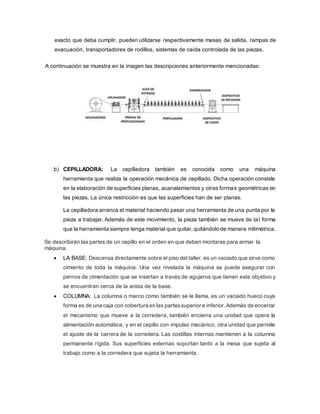 exacto que deba cumplir, pueden utilizarse respectivamente mesas de salida, rampas de
evacuación, transportadores de rodillos, sistemas de caída controlada de las piezas.
A continuación se muestra en la imagen las descripciones anteriormente mencionadas:
b) CEPILLADORA: La cepilladora también es conocida como una máquina
herramienta que realiza la operación mecánica de cepillado. Dicha operación consiste
en la elaboración de superficies planas, acanalamientos y otras formas geométricas en
las piezas. La única restricción es que las superficies han de ser planas.
La cepilladora arranca el material haciendo pasar una herramienta de una punta por la
pieza a trabajar. Además de este movimiento, la pieza también se mueve de tal forma
que la herramienta siempre tenga material que quitar,quitándolo de manera milimétrica.
Se describirán las partes de un cepillo en el orden en que deben montarse para armar la
máquina.
 LA BASE: Descansa directamente sobre el piso del taller, es un vaciado que sirve como
cimiento de toda la máquina. Una vez nivelada la máquina se puede asegurar con
pernos de cimentación que se insertan a través de agujeros que tienen este objetivo y
se encuentran cerca de la arista de la base.
 COLUMNA: La columna o marco como también se le llama, es un vaciado hueco cuya
forma es de una caja con cobertura en las partessuperior e inferior.Además de encerrar
el mecanismo que mueve a la corredera, también encierra una unidad que opera la
alimentación automática, y en el cepillo con impulso mecánico, otra unidad que permite
el ajuste de la carrera de la corredera. Las costillas internas mantienen a la columna
permanente rígida. Sus superficies externas soportan tanto a la mesa que sujeta al
trabajo como a la corredera que sujeta la herramienta.
 