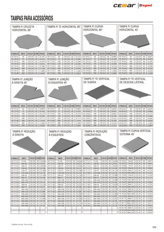 TAMPAS PARA ACESSÓRIOS
TAMPA P/ TE HORIZONTAL 90o

TAMPA P/ CRUZETA
HORIZONTAL 90o

CÓDIGO

REF.

93.76.41
93.76.43
93.76.42
93.76.44
93.76.45
93.76.46
93.76.47
93.76.48

CHAPA EMB PESO

CÓDIGO

REF.

02
02
02
01
01
01
01
01

93.77.61
93.77.63
93.77.62
93.77.64
93.77.65
93.77.66
93.77.67
93.77.68

50
75
100
150
200
300
400
500

50
75
100
150
200
300
400
500

CH 24
CH 24
CH 24
CH 24
CH 24
CH 24
CH 24
CH 24

0,191
0,315
0,410
0,531
0,700
1,150
1,600
3,642

CÓDIGO

REF.

93.75.41
93.75.43
93.75.42
93.75.44
93.75.45
93.75.46
93.75.47
93.75.48

50
75
100
150
200
300
400
500

CHAPA EMB PESO

CÓDIGO

REF.

0,083
0,143
0,219
0,439
0,717
1,419
2,420
3,443

93.75.61
93.75.63
93.75.62
93.75.64
93.75.65
93.75.66
93.75.67
93.75.68

50
75
100
150
200
300
400
500

CH 24
CH 24
CH 24
CH 24
CH 24
CH 24
CH 24
CH 24

02
02
02
02
02
02
02
01

TAMPA P/ REDUÇÃO
À DIREITA

CÓDIGO

REF.

93.77.35
93.77.27
93.77.34
93.77.33
93.77.32
93.77.26
93.77.31
93.77.30
93.77.25
93.77.24
93.77.29
93.77.28
93.77.23
93.77.22
93.77.21
93.77.20
93.77.19
93.77.18
93.77.17
93.77.16

75 50
100 50
100 75
150 50
150 75
150 100
200 50
200 75
200 100
200 150
300 50
300 75
300 100
300 150
300 200
400 200
400 300
500 200
500 300
500 400

CÓDIGO

REF.

02
02
02
01
01
01
01
01

93.78.21
93.78.27
93.78.22
93.78.24
93.78.25
93.78.26
93.78.28
93.78.29

50
75
100
150
200
300
400
500

CH 24
CH 24
CH 24
CH 24
CH 24
CH 24
CH 24
CH 24

0,133
0,200
0,260
0,420
0,570
0,970
1,420
2,013

CHAPA EMB PESO

CÓDIGO

REF.

0,083
0,143
0,219
0,439
0,717
1,419
2,420
3,443

93.78.01
93.78.02
93.78.03
93.78.04
93.78.05
93.78.06
93.78.07
93.78.08

50
75
100
150
200
300
400
500

CH 24
CH 24
CH 24
CH 24
CH 24
CH 24
CH 24
CH 24

02
02
02
02
02
02
02
02
02
02
02
02
02
02
02
01
01
01
01
01

0,030
0,075
0,046
0,130
0,100
0,118
0,160
0,140
0,175
0,152
0,210
0,271
0,256
0,286
0,286
0,508
0,508
0,735
0,735
0,735

CÓDIGO

REF.

93.77.55
93.77.47
93.77.54
93.77.53
93.77.52
93.77.46
93.77.51
93.77.50
93.77.45
93.77.44
93.77.49
93.77.48
93.77.43
93.77.42
93.77.41
93.77.40
93.77.39
93.77.38
93.77.37
93.77.36

75 50
100 50
100 75
150 50
150 75
150 100
200 50
200 75
200 100
200 150
300 50
300 75
300 100
300 150
300 200
400 200
400 300
500 200
500 300
500 400

TAMPA P/ CURVA
HORIZONTAL 45o

CHAPA EMB PESO
CH 24
CH 24
CH 24
CH 24
CH 24
CH 24
CH 24
CH 24

04
04
04
02
02
02
02
01

0,096
0,140
0,192
0,300
0,510
1,120
1,400
2,204

TAMPA P/ TE VERTICAL
DE SUBIDA

02
02
02
02
02
02
02
01

TAMPA P/ REDUÇÃO
À ESQUERDA

CHAPA EMB PESO
CH 24
CH 24
CH 24
CH 24
CH 24
CH 24
CH 24
CH 24
CH 24
CH 24
CH 24
CH 24
CH 24
CH 24
CH 24
CH 24
CH 24
CH 24
CH 24
CH 24

CHAPA EMB PESO

TAMPA P/ JUNÇÃO
À ESQUERDA 45o

TAMPA P/ JUNÇÃO
À DIREITA 45o

TAMPA P/ CURVA
HORIZONTAL 90o

02
02
02
02
02
02
02
01

0,029
0,052
0,092
0,120
0,162
0,240
0,310
1,311

REF.
75 50
100 50
100 75
150 50
150 75
150 100
200 50
200 75
200 100
200 150
300 50
300 75
300 100
300 150
300 200
400 200
400 300
500 200
500 300
500 400

50
75
100
150
200
300
400
500

CÓDIGO

REF.

93.83.01
93.83.02
93.83.03
93.83.04
93.83.05
93.83.06
93.83.07
93.83.08

50
75
100
150
200
300
400
500

CHAPA EMB PESO CÓDIGO
CH 24
CH 24
CH 24
CH 24
CH 24
CH 24
CH 24
CH 24
CH 24
CH 24
CH 24
CH 24
CH 24
CH 24
CH 24
CH 24
CH 24
CH 24
CH 24
CH 24

CHAPA EMB PESO
CH 24
CH 24
CH 24
CH 24
CH 24
CH 24
CH 24
CH 24

04
04
04
02
02
02
02
01

0,047
0,070
0,104
0,155
0,290
0,510
0,830
1,529

CHAPA EMB PESO
CH 24
CH 24
CH 24
CH 24
CH 24
CH 24
CH 24
CH 24

02
02
02
01
01
01
01
01

0,055
0,090
0,175
0,300
0,460
0,850
1,420
2,045

TAMPA P/ CURVA VERTICAL
EXTERNA 45o

TAMPA P/ REDUÇÃO
CONCÊNTRICA

CHAPA EMB PESO CÓDIGO
CH 24 02 0,034 93.77.15
CH 24 02 0,075 93.77.07
CH 24 02 0,036 93.77.14
CH 24 02 0,125 93.77.13
CH 24 02 0,100 93.77.12
CH 24 02 0,110 93.77.06
CH 24 02 0,130 93.77.11
CH 24 02 0,145 93.77.10
CH 24 02 0,145 93.77.05
CH 24 02 0,145 93.77.04
CH 24 02 0,225 93.77.09
CH 24 02 0,240 93.77.08
CH 24 02 0,252 93.77.03
CH 24 02 0,280 93.77.02
CH 24 02 0,289 93.77.01
CH 24 01 0,508 93.92.63
CH 24 01 0,508 93.92.64
CH 24 01 0,735 93.92.67
CH 24 01 0,735 93.92.68
CH 24 01 0,735 93.92.69

REF.

93.78.41
93.78.47
93.78.42
93.78.44
93.78.45
93.78.46
93.78.48
93.78.49

TAMPA P/ TE VERTICAL
DE DESCIDA LATERAL

CHAPA EMB PESO
CH 24
CH 24
CH 24
CH 24
CH 24
CH 24
CH 24
CH 24

CÓDIGO

02
02
02
02
02
02
02
02
02
02
02
02
02
02
02
01
01
01
01
01

0,038
0,075
0,045
0,150
0,115
0,120
0,200
0,186
0,200
0,162
0,850
0,352
0,310
0,335
0,300
0,507
0,507
0,734
0,734
0,734

93.78.81
93.78.87
93.78.88
93.78.82
93.78.89
93.78.83
93.78.90
93.78.91
93.78.84
93.78.92
93.78.93
93.78.85
93.78.94
93.78.95
93.78.86
93.78.96
93.95.75
93.95.76
93.95.77
93.95.78
93.95.79
93.95.80
93.95.81

REF. CHAPA EMB PESO
50x50
75x50
75x75
100x50
100x75
100x100
150x50
150x75
150x100
200x50
200x75
200x100
300x50
300x75
300x100
400x50
400x75
400x100
400x150
500x50
500x75
500x100
500x150

CH 24
CH 24
CH 24
CH 24
CH 24
CH 24
CH 24
CH 24
CH 24
CH 24
CH 24
CH 24
CH 24
CH 24
CH 24
CH 24
CH 24
CH 24
CH 24
CH 24
CH 24
CH 24
CH 24

04
04
04
04
04
02
02
02
02
02
02
02
02
02
02
02
01
01
01
01
01
01
01

0,055
0,065
0,075
0,080
0,110
0,122
0,160
0,175
0,171
0,200
0,220
0,212
0,320
0,370
0,410
0,432
0,526
0,587
0,671
0,682
0,758
0,834
0,938

Medidas em mm / Peso em Kg

235

 