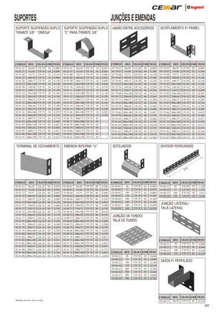 JUNÇÕES E EMENDAS

SUPORTES
SUPORTE SUSPENSÃO DUPLO
TIRANTE 3/8” “OMEGA”

CÓDIGO

REF.

93.81.21
93.81.27
93.81.28
93.81.22
93.81.29
93.81.23
93.81.30
93.81.31
93.81.24
93.81.32
93.81.33
93.81.25
93.81.34
93.81.35
93.81.26
93.81.36
93.81.91
93.81.92
93.81.93
93.81.94
93.81.95
93.81.96
93.81.97

50x50
75x50
75x75
100x50
100x75
100x100
150x50
150x75
150x100
200x50
200x75
200x100
300x50
300x75
300x100
400x50
400x75
400x100
400x150
500x50
500x75
500x100
500x150

CHAPA EMB PESO
CH 16
CH 16
CH 16
CH 16
CH 16
CH 16
CH 16
CH 16
CH 16
CH 16
CH 16
CH 16
CH 16
CH 16
CH 14
CH 14
CH 14
CH 14
CH 14
CH 14
CH 14
CH 14
CH 14

10
10
10
10
10
10
10
10
10
10
10
10
10
10
10
10
05
05
05
05
05
05
05

0,080
0,090
0,110
0,090
0,120
0,150
0,130
0,150
0,180
0,150
0,170
0,190
0,190
0,220
0,339
0,339
0,370
0,400
0,462
0,400
0,431
0,462
0,523

TERMINAL DE FECHAMENTO

SUPORTE SUSPENSÃO DUPLO
“C” PARA TIRANTE 3/8”

CÓDIGO

REF.

93.81.01
93.81.07
93.81.08
93.81.02
93.81.09
93.81.03
93.81.10
93.81.11
93.81.04
93.81.12
93.81.13
93.81.05
93.81.14
93.81.15
93.81.06
93.81.16
93.96.76
93.96.77
93.96.78
93.96.79
93.96.80
93.96.81
93.96.82

50x50
75x50
75x75
100x50
100x75
100x100
150x50
150x75
150x100
200x50
200x75
200x100
300x50
300x75
300x100
400x50
400x75
400x100
400x150
500x50
500x75
500x100
500x150

CHAPA EMB PESO
CH 16
CH 16
CH 16
CH 16
CH 16
CH 16
CH 16
CH 16
CH 16
CH 16
CH 16
CH 16
CH 16
CH 16
CH 14
CH 14
CH 14
CH 14
CH 14
CH 14
CH 14
CH 14
CH 14

10
10
10
10
10
10
10
10
10
10
10
10
10
10
10
10
05
05
05
05
05
05
05

0,041
0,030
0,040
0,058
0,050
0,050
0,110
0,120
0,130
0,120
0,140
0,150
0,170
0,190
0,282
0,320
-

EMENDA INTERNA “U”

UNIÃO ENTRE ACESSÓRIOS

CÓDIGO

93.79.61
93.79.67
93.79.68
93.79.62
93.79.69
93.79.63
93.79.70
93.79.71
93.79.64
93.79.72
93.79.73
93.79.65
93.79.74
93.79.75
93.79.66
93.79.76
93.91.63
93.91.64
93.91.65
93.91.66
93.91.67
93.91.68
93.91.69

REF. CHAPA EMB PESO

50x50
75x50
75x75
100x50
100x75
100x100
150x50
150x75
150x100
200x50
200x75
200x100
300x50
300x75
300x100
400x50
400x75
400x100
400x150
500x50
500x75
500x100
500x150

CH 20
CH 20
CH 20
CH 20
CH 20
CH 20
CH 18
CH 18
CH 18
CH 18
CH 18
CH 18
CH 18
CH 18
CH 18
CH 18
CH 18
CH 18
CH 18
CH 18
CH 18
CH 18
CH 18

06
06
06
06
06
06
06
06
06
06
06
06
06
06
06
06
02
02
02
02
02
02
02

0,069
0,100
0,130
0,160
0,150
0,184
0,230
0,260
0,313
0,260
0,300
0,358
0,360
0,400
0,447
0,370
0,486
0,530
0,618
0,530
0,573
0,618
0,706

ACOPLAMENTO P/ PAINEL

CÓDIGO

93.79.41
93.79.47
93.79.48
93.79.42
93.79.49
93.79.43
93.79.50
93.79.51
93.79.44
93.79.52
93.79.53
93.79.45
93.79.54
93.79.55
93.79.46
93.79.56
93.91.77
93.91.78
93.91.79
93.91.80
93.91.81
93.91.82
93.91.83

REF. CHAPA EMB PESO

50x50
75x50
75x75
100x50
100x75
100x100
150x50
150x75
150x100
200x50
200x75
200x100
300x50
300x75
300x100
400x50
400x75
400x100
400x150
500x50
500x75
500x100
500x150

CH 20
CH 20
CH 20
CH 20
CH 20
CH 20
CH 18
CH 18
CH 18
CH 18
CH 18
CH 18
CH 18
CH 18
CH 18
CH 18
CH 18
CH 18
CH 18
CH 18
CH 18
CH 18
CH 18

02
02
02
02
02
02
02
02
02
02
02
02
02
02
02
02
02
02
02
02
02
02
02

0,096
0,100
0,130
0,130
0,150
0,220
0,210
0,240
0,295
0,240
0,290
0,336
0,350
0,360
0,419
0,420
0,437
0,476
0,577
0,476
0,516
0,555
0,633

DIVISOR PERFURADO

GOTEJADOR

3m

CÓDIGO

93.81.51
93.81.71
93.81.72
93.81.52
93.81.73
93.81.53
93.81.74
93.81.75
93.81.54
93.81.76
93.81.77
93.81.55
93.81.78
93.81.79
93.81.56
93.81.80
93.91.84
93.91.85
93.91.86
93.91.87
93.91.88
93.91.89
93.91.90

REF. CHAPA EMB PESO

50x50
75x50
75x75
100x50
100x75
100x100
150x50
150x75
150x100
200x50
200x75
200x100
300x50
300x75
300x100
400x50
400x75
400x100
400x150
500x50
500x75
500x100
500x150

CH 20
CH 20
CH 20
CH 20
CH 20
CH 20
CH 18
CH 18
CH 18
CH 18
CH 18
CH 18
CH 18
CH 18
CH 18
CH 18
CH 18
CH 18
CH 18
CH 18
CH 18
CH 18
CH 18

04
04
04
04
04
04
04
04
04
04
04
04
04
04
04
04
02
02
02
02
02
02
02

0,020
0,030
0,050
0,060
0,090
0,120
0,080
0,120
0,170
0,110
0,160
0,220
0,160
0,250
0,340
0,210
0,323
0,431
0,645
0,264
0,397
0,528
0,792

CÓDIGO

93.80.61
93.80.67
93.80.68
93.80.62
93.80.69
93.80.63
93.80.70
93.80.71
93.80.64
93.80.72
93.80.73
93.80.65
93.80.74
93.80.75
93.80.66
93.80.76
93.91.70
93.91.71
93.91.72
93.91.73
93.91.74
93.91.75
93.91.76

REF. CHAPA EMB PESO

50x50
75x50
75x75
100x50
100x75
100x100
150x50
150x75
150x100
200x50
200x75
200x100
300x50
300x75
300x100
400x50
400x75
400x100
400x150
500x50
500x75
500x100
500x150

CH 20
CH 20
CH 20
CH 20
CH 20
CH 20
CH 18
CH 18
CH 18
CH 18
CH 18
CH 18
CH 18
CH 18
CH 18
CH 18
CH 18
CH 18
CH 18
CH 18
CH 18
CH 18
CH 18

06
06
06
06
06
06
06
06
06
06
06
06
06
06
06
06
02
02
02
02
02
02
02

0,106
0,150
0,200
0,139
0,230
0,203
0,300
0,370
0,410
0,370
0,270
0,490
0,500
0,570
0,640
0,670
0,691
0,755
0,883
0,691
0,755
0,883
1,010

CÓDIGO
93.80.01
93.80.06
93.80.02
93.80.03
93.80.04
93.80.05
93.80.07
93.80.08

REF. CHAPA EMB PESO
50
75
100
150
200
300
400
500

CH 20
CH 20
CH 20
CH 18
CH 18
CH 18
CH 18
CH 18

02
02
02
02
02
02
02
02

0,060
0,070
0,080
0,169
0,180
0,240
0,290
0,350

CÓDIGO
93.80.31
93.80.32
93.80.33
93.80.34

PESO

1,148
1,530
1,913
3,910

JUNÇÃO LATERAL/
TALA LATERAL

JUNÇÃO DE FUNDO/
TALA DE FUNDO

CÓDIGO

CÓDIGO

93.80.21
93.80.23
93.80.22
93.80.24
93.80.25
93.80.26
93.80.27
93.80.28

REF. CHAPA EMB PESO
50
75
100
150
200
300
400
500

CH 18
CH 18
CH 18
CH 18
CH 18
CH 18
CH 18
CH 18

30
30
30
30
30
30
30
20

0,060
0,090
0,140
0,210
0,280
0,440
0,600
0,782

93.80.21
93.80.23
93.80.22
93.80.24

REF. CHAPA
CH 18
50
CH 18
75
CH 18
100
CH 18
150

EMB PESO

30
30
30
30

0,060
0,090
0,140
0,210

SAÍDA P/ PERFILADO

CÓDIGO
Medidas em mm / Peso em Kg

REF. CHAPA EMB
CH 20 02
50
CH 20 02
75
CH 20 02
100
CH 20 02
150

93.86.15

REF. CHAPA EMB PESO
CH 16 10
0,124

38x38

237

 
