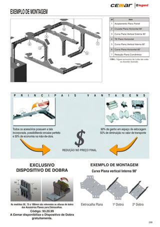 EXEMPLO DE MONTAGEM
Item

Nº

1
2

Cruzeta Plana Horizontal 90o

3

Curva Plana Vertical Externa 90o

4

TE Plano Horizontal

5

Curva Plana Vertical Interna 90o

6

Curva Plana Horizontal 90o

7

6

Acoplamento Plano Painel

Redução Plana Concêntrica

4
7

2
3
5

OBS.: Alguns acessórios da Linha não estão
no desenho ilustrado.

1

EXCLUSIVO
DISPOSITIVO DE DOBRA

EXEMPLO DE MONTAGEM
Curva Plana vertical Interna 90o

50
100
75

As medidas 50, 75 e 100mm são referentes as alturas de dobra
dos Acessórios Planos para Eletrocalhas.

Eletrocalha Plana

1ª Dobra

2ª Dobra

Código: 93.20.99
A Cemar disponibiliza o Dispositivo de Dobra
gratuitamente.
239

 