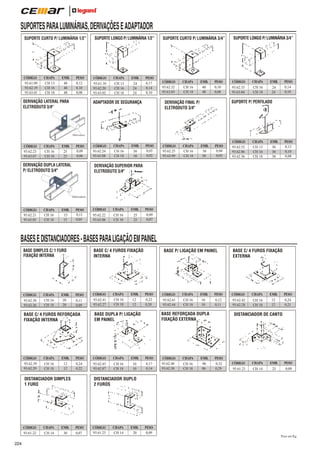 SUPORTES PARA LUMINÁRIAS, DERIVAÇÕES E ADAPTADOR
SUPORTE CURTO P/ LUMINÁRIA 1/2”

CÓDIGO
93.61.09
93.62.19
93.63.01

CHAPA
CH 13
CH 16
CH 18

EMB.
48
48
48

PESO
0,12
0,10
0,08

DERIVAÇÃO LATERAL PARA
ELETRODUTO 3/4"

CÓDIGO
93.62.23
93.63.07

CHAPA
CH 16
CH 18

EMB.
25
25

CHAPA
CH 16
CH 18

EMB.
15
15

CÓDIGO
93.61.10
93.62.20
93.63.02

CHAPA
CH 13
CH 16
CH 18

EMB.
24
24
24

PESO
0,17
0,14
0,10

ADAPTADOR DE SEGURANÇA

PESO
0,09
0,06

DERIVAÇÃO DUPLA LATERAL
P/ ELETRODUTO 3/4"

CÓDIGO
93.62.21
93.63.05

SUPORTE LONGO P/ LUMINÁRIA 1/2”

CÓDIGO
93.62.24
93.63.08

CHAPA
CH 16
CH 18

EMB.
50
50

SUPORTE CURTO P/ LUMINÁRIA 3/4”

CÓDIGO
93.62.32
93.63.03

CHAPA
CH 16
CH 18

EMB.
48
48

PESO
0,10
0,08

CÓDIGO
93.62.25
93.63.09

CHAPA
CH 16
CH 18

CÓDIGO
93.62.33
93.63.04

CHAPA
CH 16
CH 18

EMB.
24
24

PESO
0,14
0,10

SUPORTE P/ PERFILADO

DERIVAÇÃO FINAL P/
ELETRODUTO 3/4"

PESO
0,03
0,02

SUPORTE LONGO P/ LUMINÁRIA 3/4”

EMB.
50
50

PESO
0,04
0,03

CÓDIGO
93.62.52
93.62.86
93.62.36

CHAPA
CH 13
CH 16
CH 18

EMB.
30
30
30

PESO
0,12
0,10
0,08

DERIVAÇÃO SUPERIOR PARA
ELETRODUTO 3/4"

PESO
0,11
0,05

CÓDIGO
93.62.22
93.63.06

CHAPA
CH 16
CH 18

EMB.
25
25

PESO
0,09
0,07

BASES E DISTANCIADORES - BASES PARA LIGAÇÃO EM PAINEL
BASE SIMPLES C/ 1 FURO
FIXAÇÃO INTERNA

CÓDIGO
93.62.38
93.62.26

CHAPA
CH 16
CH 18

EMB.
20
20

BASE C/ 4 FUROS FIXAÇÃO
INTERNA

PESO
0,11
0,09

BASE C/ 4 FUROS REFORÇADA
FIXAÇÃO INTERNA

CÓDIGO
93.62.39
93.62.29

CHAPA
CH 16
CH 18

EMB.
12
12

PESO
0,24
0,22

DISTANCIADOR SIMPLES
1 FURO

CÓDIGO
93.61.22

224

CHAPA
CH 14

EMB.
30

CÓDIGO
93.62.41
93.62.27

CHAPA
CH 16
CH 18

EMB.
12
12

BASE P/ LIGAÇÃO EM PAINEL

PESO
0,22
0,20

CHAPA

EMB.

CH 16
CH 18

10
10

CHAPA
CH 16
CH 18

EMB.
10
10

PESO
0,12
0,11

BASE REFORÇADA DUPLA
FIXAÇÃO EXTERNA

BASE DUPLA P/ LIGAÇÃO
EM PAINEL

CÓDIGO
93.62.43
93.62.87

CÓDIGO
93.62.61
93.62.44

PESO
0,17
0,14

CÓDIGO
93.62.40
93.62.30

CHAPA
CH 16
CH 18

EMB.
06
06

BASE C/ 4 FUROS FIXAÇÃO
EXTERNA

CÓDIGO
93.62.42
93.62.28

CHAPA
CH 16
CH 18

EMB.
12
12

PESO
0,24
0,21

DISTANCIADOR DE CANTO

PESO
0,32
0,29

CÓDIGO
93.61.21

CHAPA
CH 14

EMB.
25

PESO
0,09

DISTANCIADOR DUPLO
2 FUROS

PESO
0,07

CÓDIGO
93.61.23

CHAPA
CH 14

EMB.
20

PESO
0,09
Peso em Kg

 