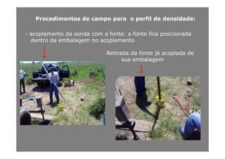 Procedimentos de campo para o perfil de densidade:
- acoplamento da sonda com a fonte: a fonte fica posicionada
dentro da embalagem no acoplamento
Retirada da fonte já acoplada de
sua embalagemsua e ba age
 