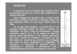 GUARDGUARD LOGLOG
AA aplicaçãoaplicação atualatual dodo GuardGuard loglog éé grandegrande,, tantotanto
emem petróleopetróleo quantoquanto emem carvãocarvão,, águaágua subterrâneasubterrânea ee
tt i ii ioutrosoutros mineraisminerais..
EstaEsta configuracaoconfiguracao permitepermite queque aa sondasonda tenhatenha
excelenteexcelente resolucaoresolucao vertical,vertical, aoao mesmomesmo tempotempo emem
queque minimizaminimiza efeitoefeito dodo poçopoço ((pp..exex.. baixobaixo valorvalor dede
RmRm))..
NoNo arranjoarranjo maismais simplessimples aa correntecorrente fluiflui dede umumNoNo arranjoarranjo maismais simples,simples, aa correntecorrente fluiflui dede umum
pequenopequeno eletrodoeletrodo sensorsensor (A)(A) parapara oo retornoretorno nana
superfíciesuperfície,, ouou parapara oo cabocabo dede aterramentoaterramento.. LongosLongos
eletrodoseletrodos ¨¨guardguard¨¨ (F(F ee FF´´)) dede ambosambos osos ladoslados dodoeletrodoseletrodos guardguard (F(F ee FF )) dede ambosambos osos ladoslados dodo
sensorsensor estãoestão conectadosconectados ee nono mesmomesmo potencialpotencial..
IstoIsto temtem oo efeitoefeito dede focalizarfocalizar aa correntecorrente emem umum
fifi didi dd li l ili l ifinofino discodisco dede correntecorrente queque penetrapenetra nasnas litologiaslitologias
emem voltavolta dodo poçopoço.. MedindoMedindo--sese aa magnitudemagnitude dada
correntecorrente ee oo potencialpotencial dodo eletrodoeletrodo sensor,sensor, aa
resistênciaresistência éé calculadacalculada ee relacionarelaciona--sese comcom aa
resistividaderesistividade porpor umum fatorfator geométricogeométrico constanteconstante..
 